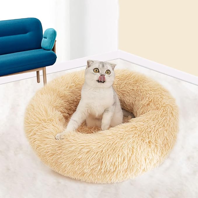 Calming Donut Dog & Cat Bed Anti-Anxiety Fluffy Plush Pet Cushion