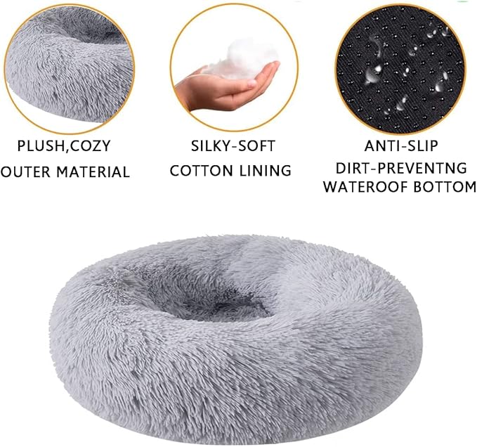 Calming Donut Dog & Cat Bed Anti-Anxiety Fluffy Plush Pet Cushion