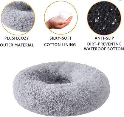 Calming Donut Dog & Cat Bed Anti-Anxiety Fluffy Plush Pet Cushion
