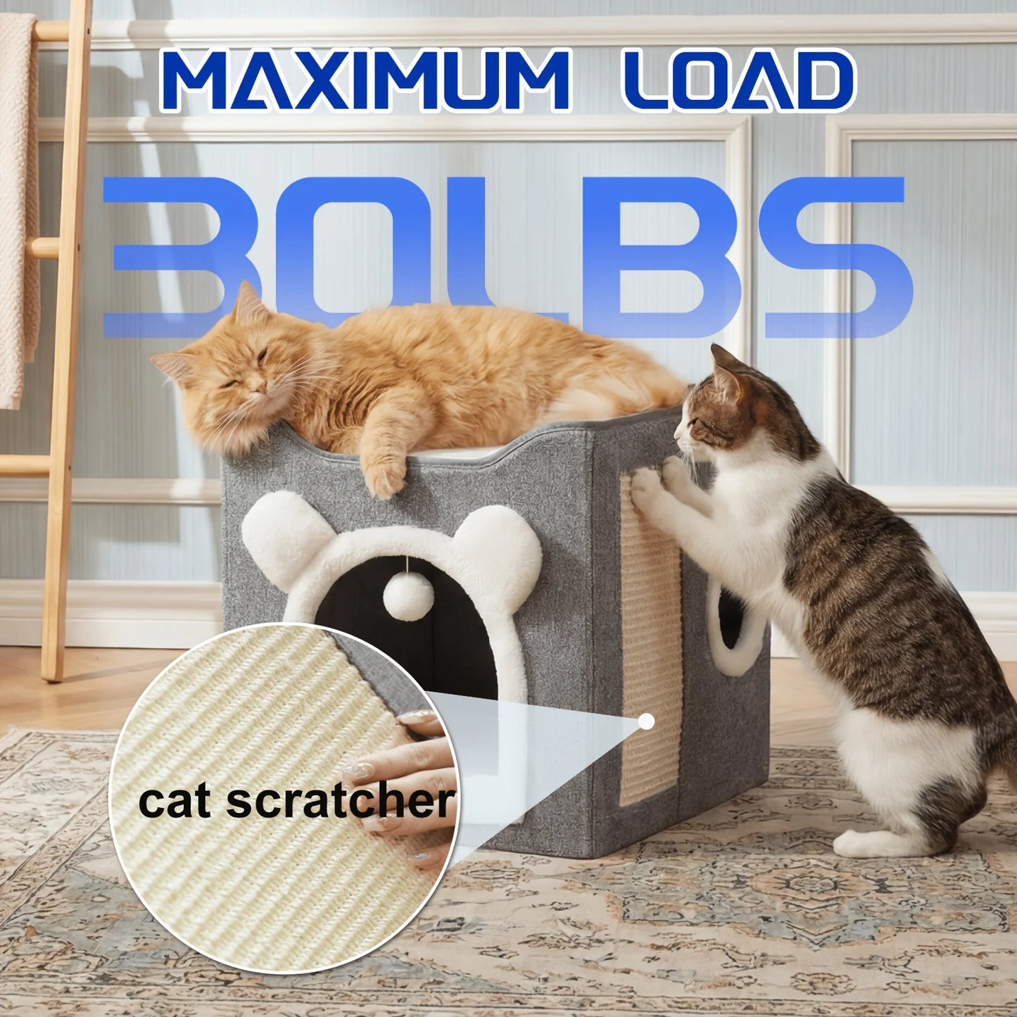 Suitable For All Seasons: Cat Beds For Indoor Cats, Large Cat Cave For Pet Cat House With Fluffy Ball Hanging And Sisal Scratch Pad, Foldable Cat Hideaway, Suitable For Heavy-duty Cats (30Pounds) With Reversible Orthopedic Pa
