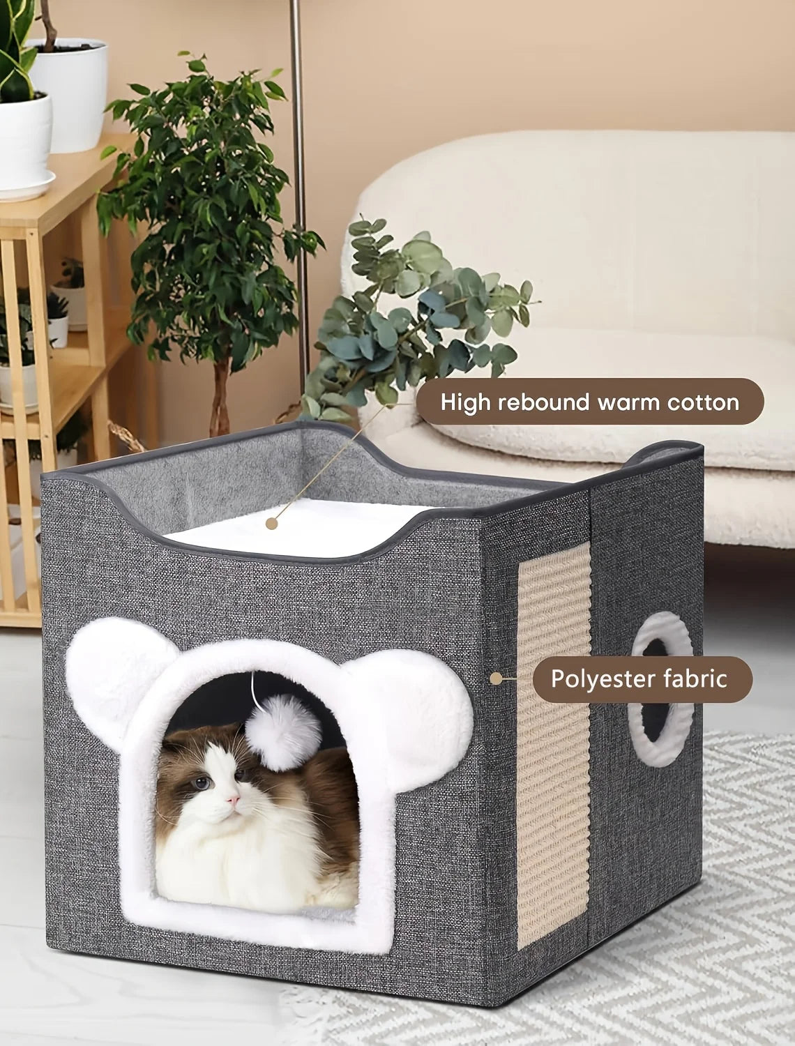 Suitable For All Seasons: Cat Beds For Indoor Cats, Large Cat Cave For Pet Cat House With Fluffy Ball Hanging And Sisal Scratch Pad, Foldable Cat Hideaway, Suitable For Heavy-duty Cats (30Pounds) With Reversible Orthopedic Pa