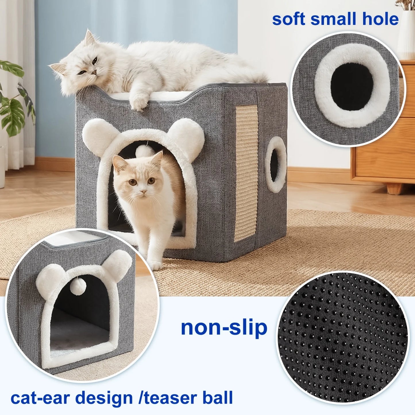 Suitable For All Seasons: Cat Beds For Indoor Cats, Large Cat Cave For Pet Cat House With Fluffy Ball Hanging And Sisal Scratch Pad, Foldable Cat Hideaway, Suitable For Heavy-duty Cats (30Pounds) With Reversible Orthopedic Pa