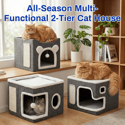 Suitable For All Seasons: Cat Beds For Indoor Cats, Large Cat Cave For Pet Cat House With Fluffy Ball Hanging And Sisal Scratch Pad, Foldable Cat Hideaway, Suitable For Heavy-duty Cats (30Pounds) With Reversible Orthopedic Pa