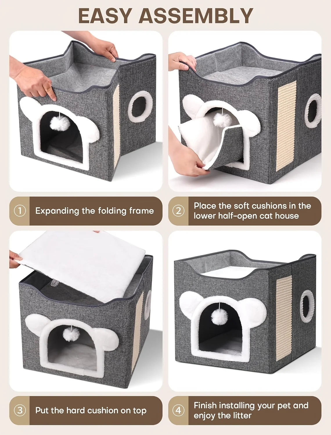 Suitable For All Seasons: Cat Beds For Indoor Cats, Large Cat Cave For Pet Cat House With Fluffy Ball Hanging And Sisal Scratch Pad, Foldable Cat Hideaway, Suitable For Heavy-duty Cats (30Pounds) With Reversible Orthopedic Pa