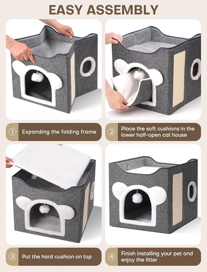 Suitable For All Seasons: Cat Beds For Indoor Cats, Large Cat Cave For Pet Cat House With Fluffy Ball Hanging And Sisal Scratch Pad, Foldable Cat Hideaway, Suitable For Heavy-duty Cats (30Pounds) With Reversible Orthopedic Pa