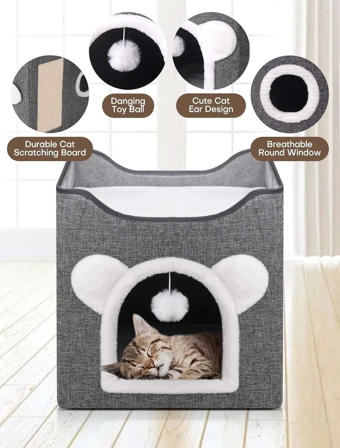 Suitable For All Seasons: Cat Beds For Indoor Cats, Large Cat Cave For Pet Cat House With Fluffy Ball Hanging And Sisal Scratch Pad, Foldable Cat Hideaway, Suitable For Heavy-duty Cats (30Pounds) With Reversible Orthopedic Pa