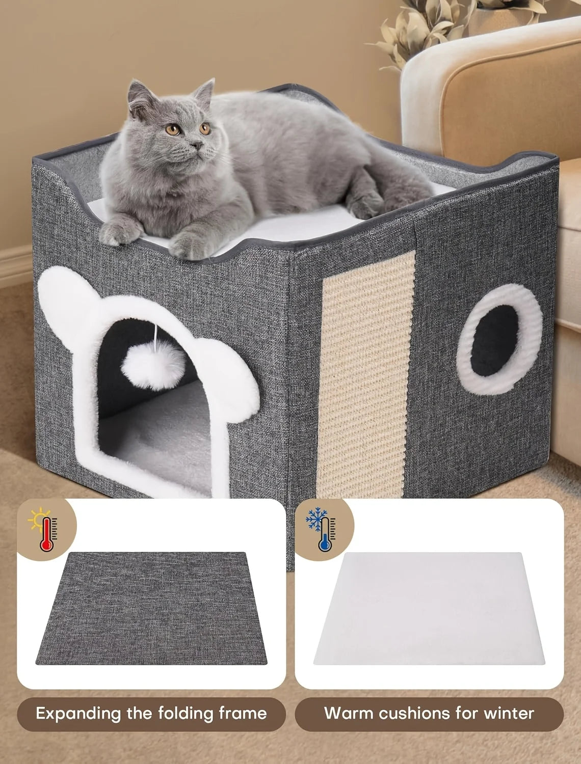 Suitable For All Seasons: Cat Beds For Indoor Cats, Large Cat Cave For Pet Cat House With Fluffy Ball Hanging And Sisal Scratch Pad, Foldable Cat Hideaway, Suitable For Heavy-duty Cats (30Pounds) With Reversible Orthopedic Pa