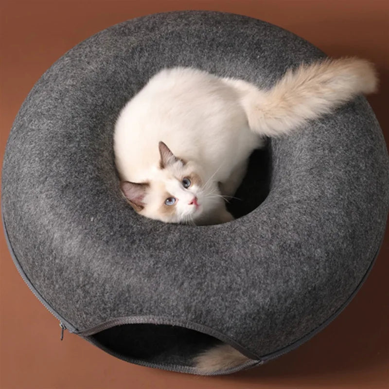 soft donut cat bed with tunnel design
